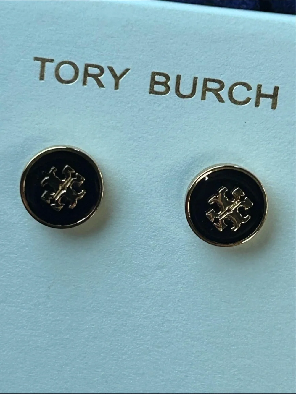Tory Burch Rose Gold and Black Logo Disc Earrings and matching necklace set